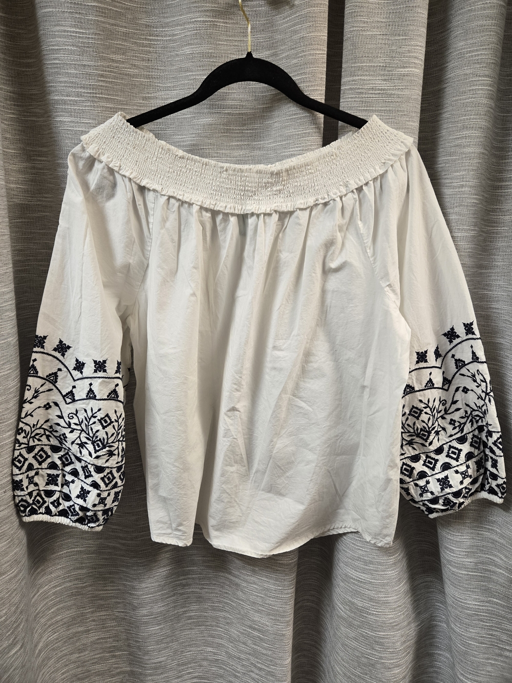 dip White Off-Shoulder Blouse with Navy Embroidered Sleeves
